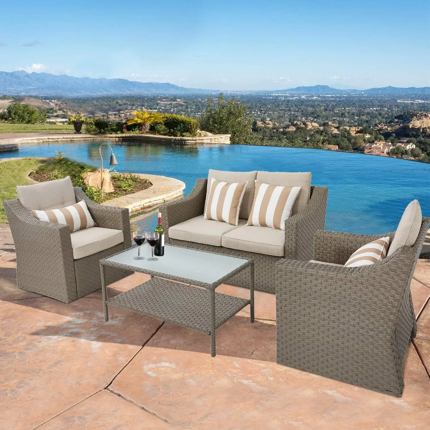 Outdoor Patio Furniture Conversation Set Rattan Wicker Chairs and Glass Top Table All-Weather and Thick Cushions