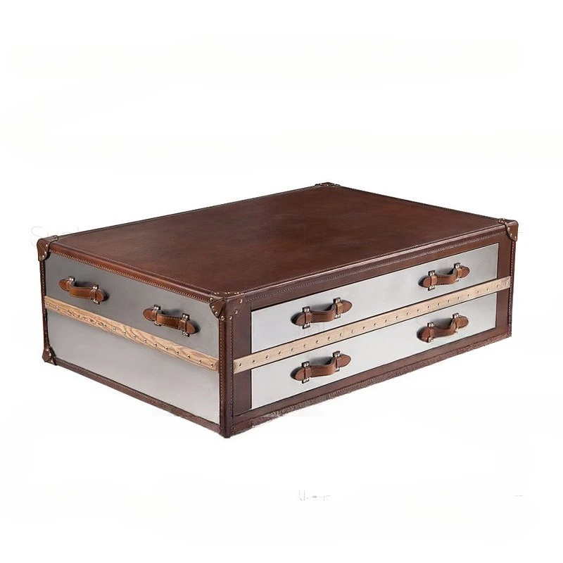 Taiwan American light luxury retro industrial style leather storage coffee table creative aluminum leather rivet coffee table