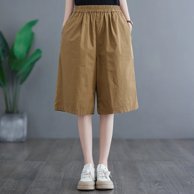 Pantalon ample en coton et lin pour femmes, jambes larges, mode d'été, grande taille, artistique, taille élastique, décontracté, polyvalent, amincissant, cinq points