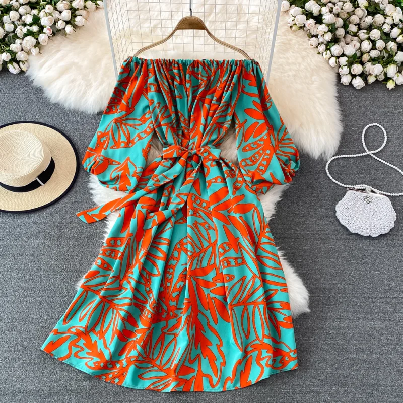 INS boho vintage donna estate sexy spalle scoperte stampa floreale fasciatura abito lungo chic a-line vestido de festa elegante abito da spiaggia