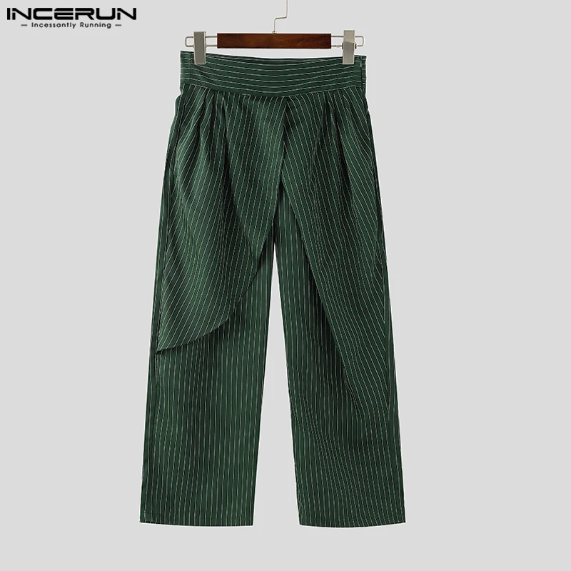 INCERUN กางเกงลำลองผู้ชายแฟชั่นเอวสูงลายทางกางเกงขากว้างกางเกงขายาวโอเวอร์ไซส์ S-5XL เสื้อผ้าผู้ชายสตรีทแวร์