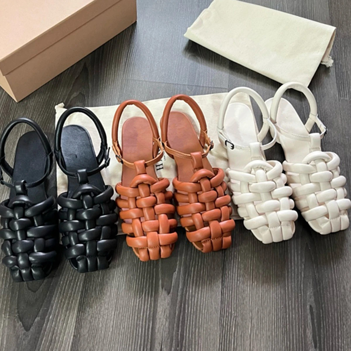 

Jenny&Dave Roma Sandals Minimalist Summer Women's Shoes French Retro Woven Handmade Sheepskin Sandals Flat Shoes Women