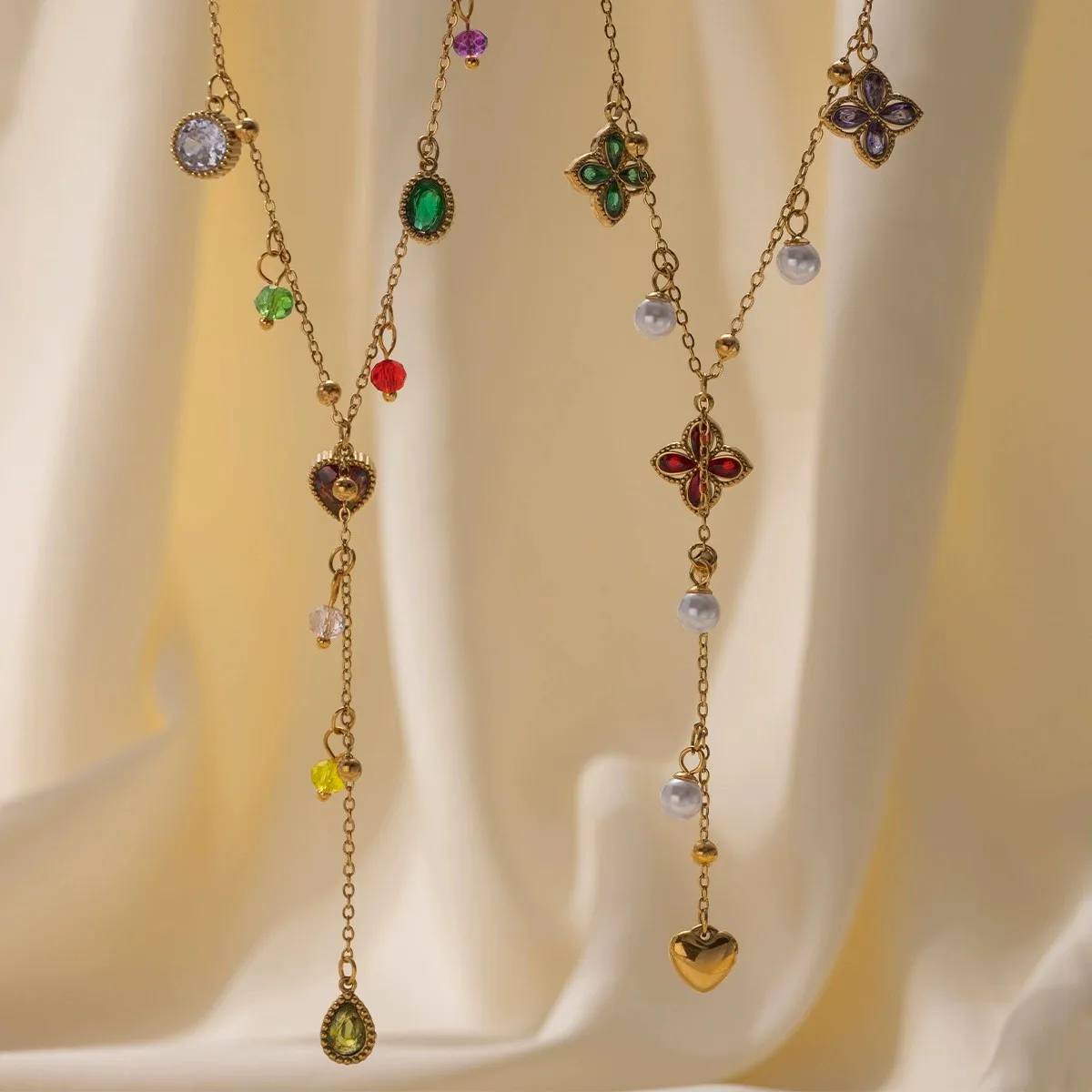 Quasten-Halskette mit langem herzförmigem Perlenanhänger aus Edelstahl, farbiger Zirkon, luxuriöse Halsketten, Zirkon-Schmuck, der nicht verblasst.