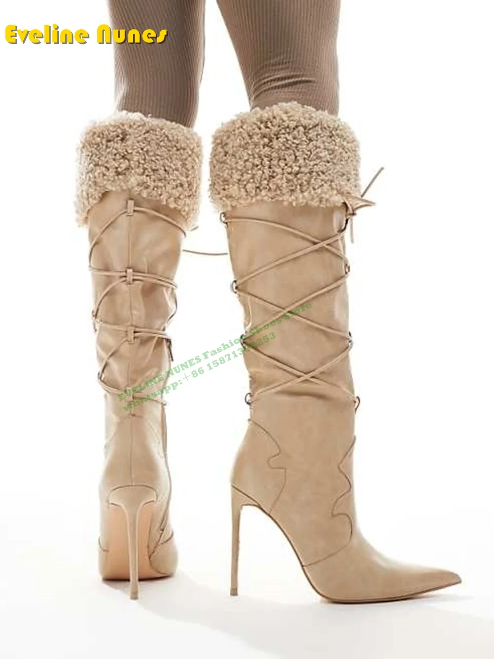 

Faux Fur Trim Pointed Knee High Boots In Cream Thin High Heels Side Zipper Cross Tied Splicing Women Modern Booties 2024 Newest