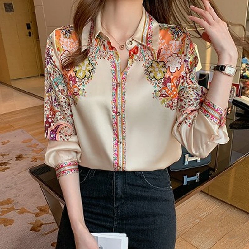 

Vintage Printed Top Tees New Long Sleeved Shirt for Spring Ladies Loose Floral Office Blouses Elegant Fashion Women Clothing