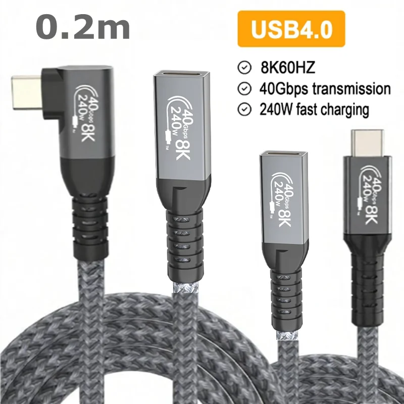 40Gbps Data Transfer 8K@60Hz Display 240W Charging USB 4 Male to Female Extender Cord Full Function 90-Degree Angle