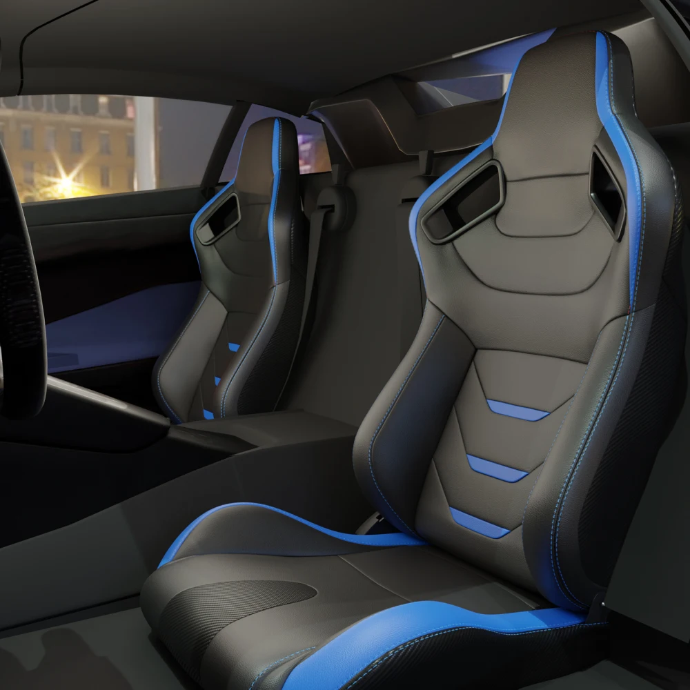 

1 коробка, 2 шт., универсальные гоночные сиденья с ковшом, синяя строчка/кожа ПВХ, откидная спинка с карбоновым видом и слайдером Adj (NoBrkt)