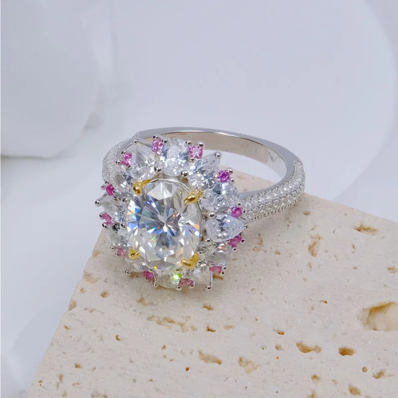    صدى جليينت 3CT مويسانيتي خواتم 925 فضة 8*10 فاخر مبالغ فيه شخصية زهرة خاتم الماس الكامل خاتم بيضاوي