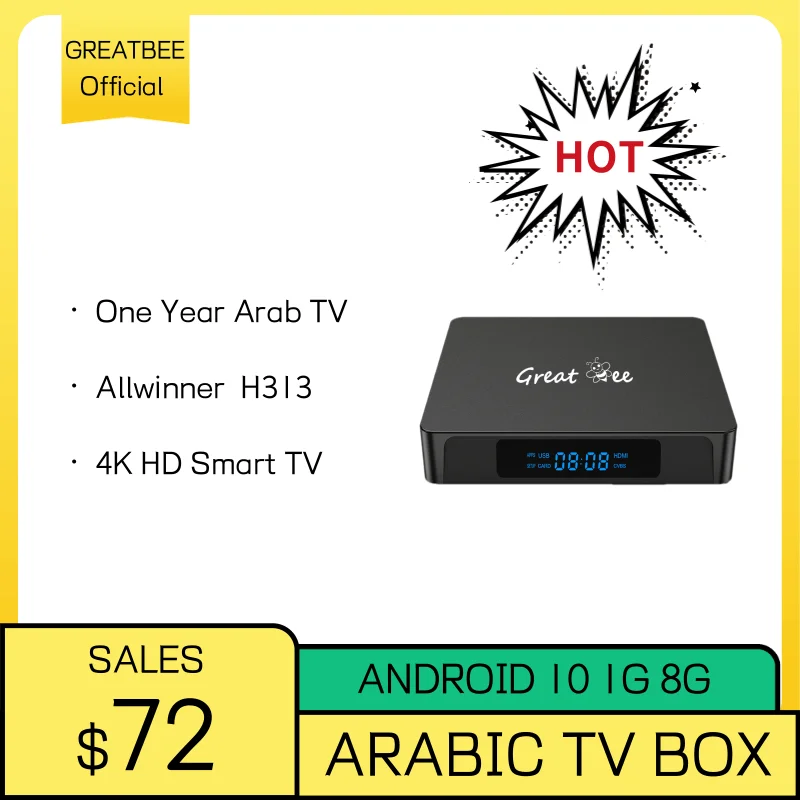 Great Bee Arabische TV Box Allwinner H313 4K Smart TV Set Top Box Mediaspeler, Greatbee Android 10 Arabische Live TV Satellietontvanger