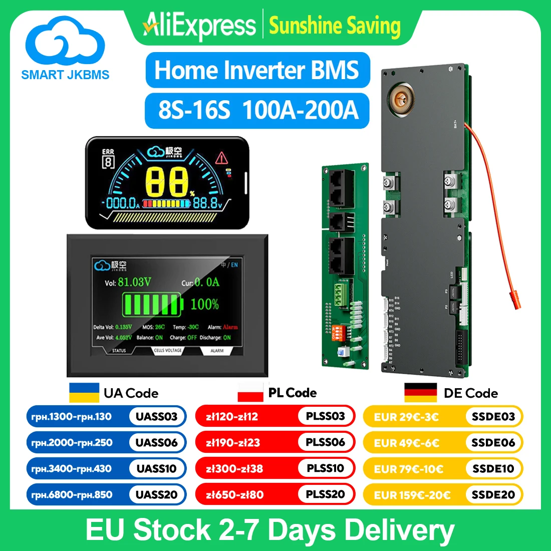 

JIKONG BMS 8S-16S 24 В 48 В литий-ионный аккумулятор LiFePo4 Smart BMS 100A 150A 200A бытовой энергетический BMS для инвертора активного балансира 1A 2A