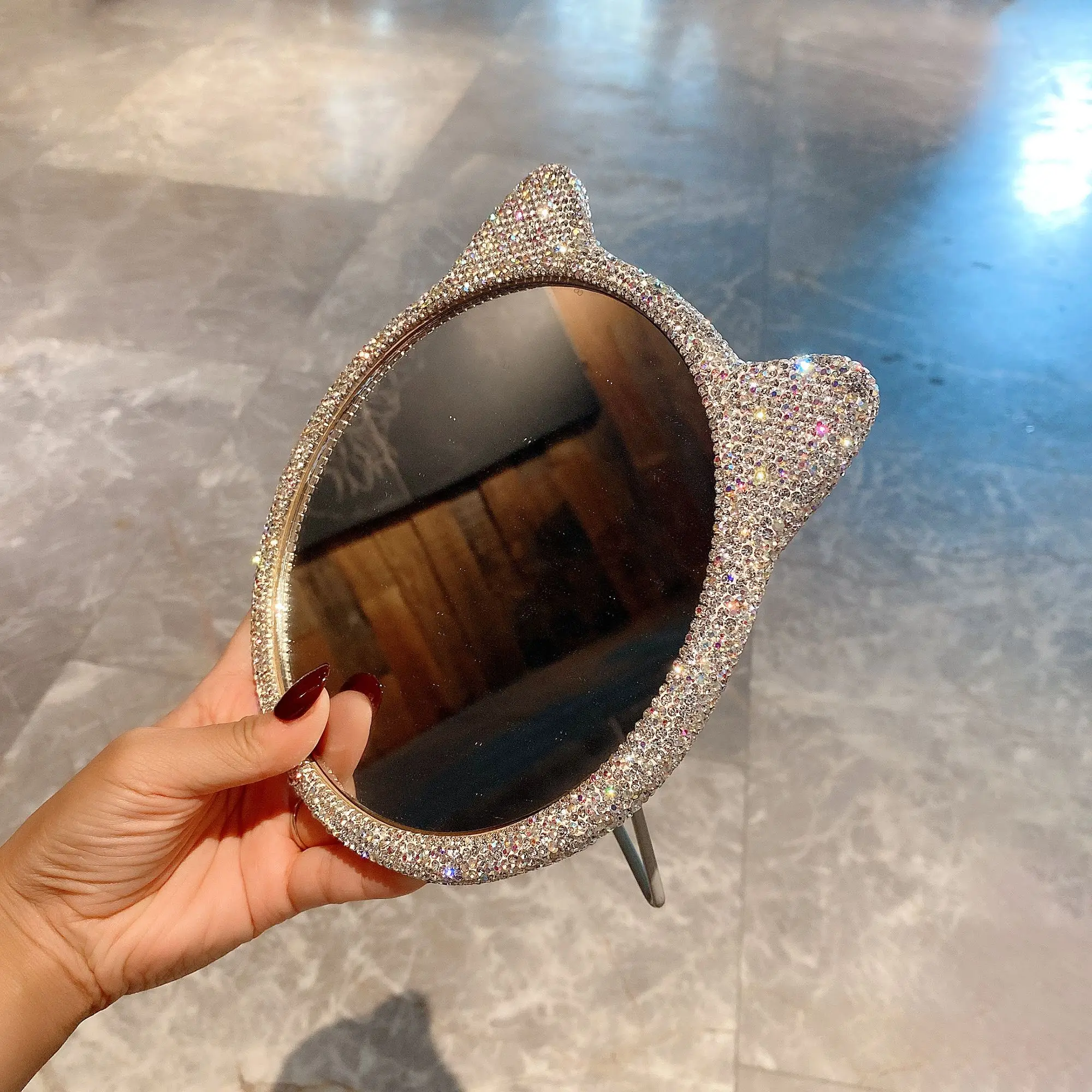 Pretty Cat Ear Vanity Mirror with Rhinestones Folding Desktop Portable High-definition Dormitory Cosmetic Mirror Exquisite Gifts