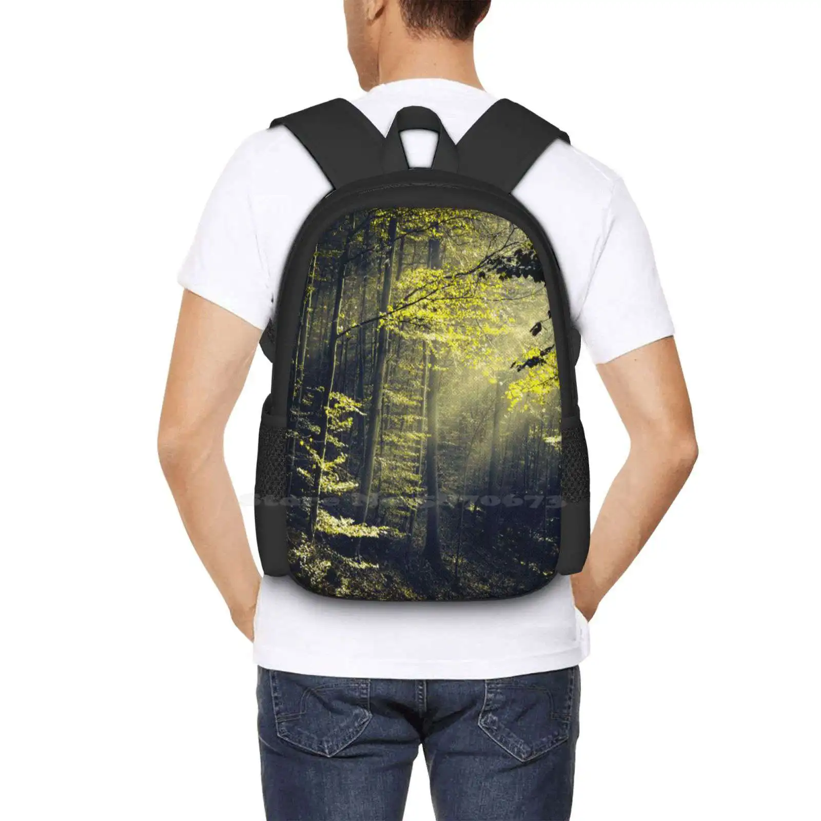 Being There-Morning Light In Forest Pattern Design Laptop Travel School Bags Rays Of Light Hill Deciduous Woods Misty Landscape