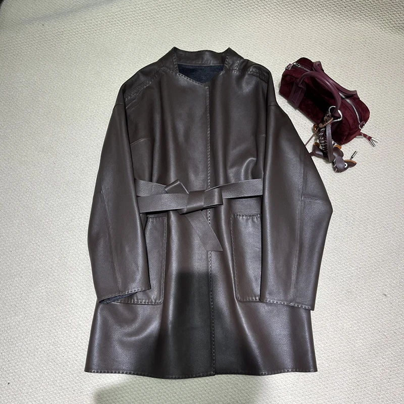 Frauen Echte Leder Jacke Herbst High-End Importiert Ziegenleder Lychee Muster Lange Lose Faul Temperament Damen Leder Mantel