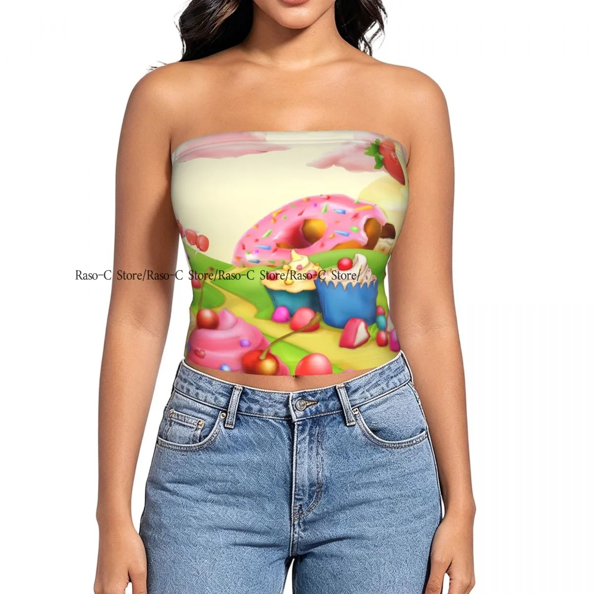 Strapless Tube Tops Outfits Women Backless Shoulder Wrap Yummy Donuts Land Cupcakes Ice Cream Candy Clouds Print Female Crop Top