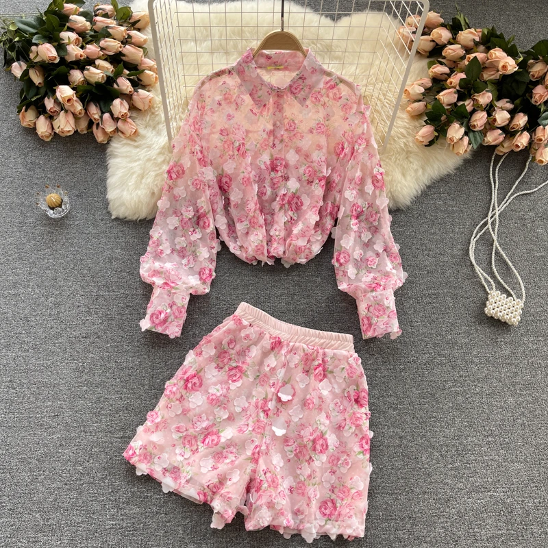 

Clothland Sweet Appliqued Floral Blouse Suit Two Piece Pink Set Long Sleeve Shirts Mini Shorts Spring Set TZ228