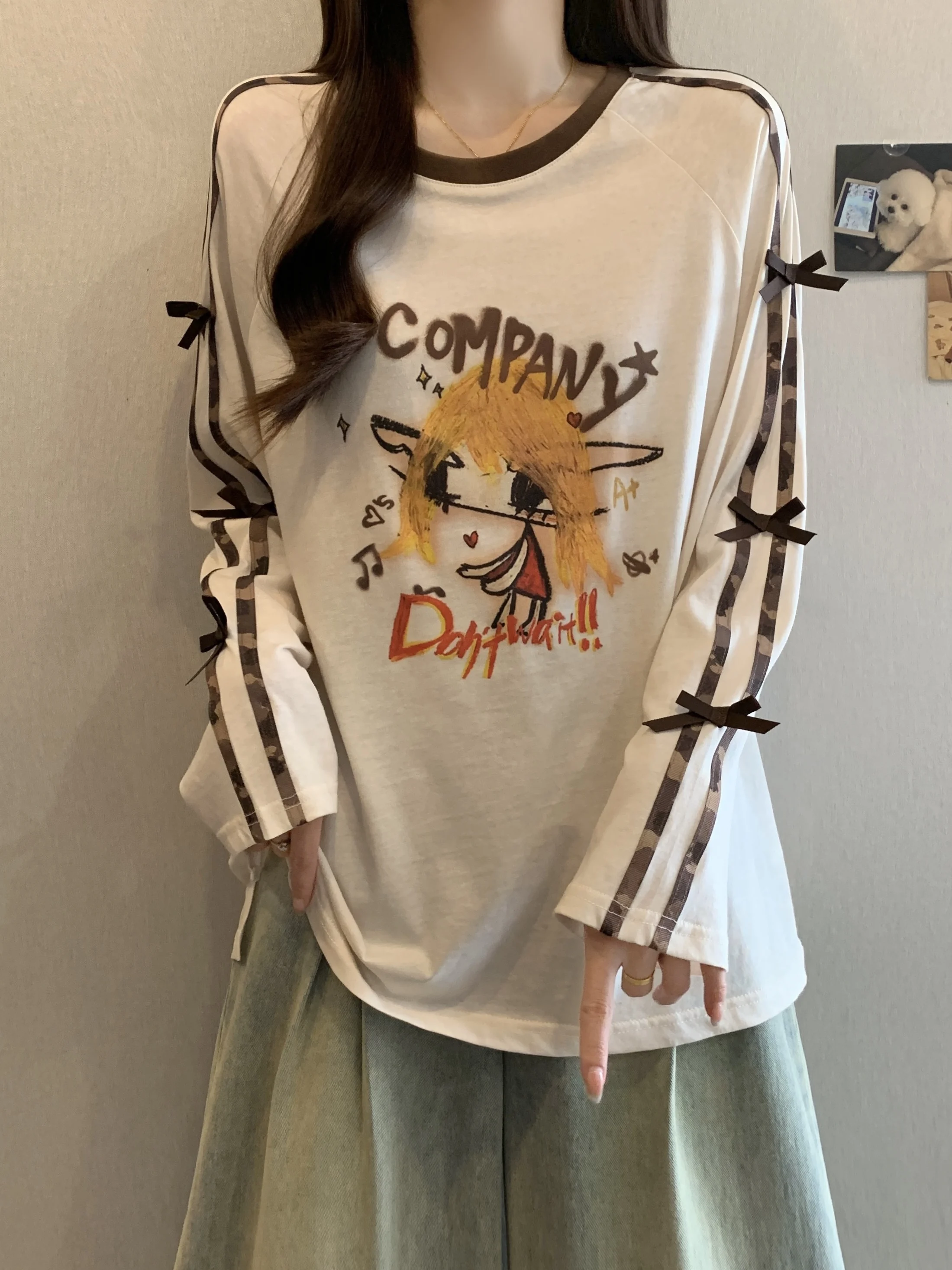 

Женская футболка больших размеров с длинным рукавом и завязками, свободного кроя, с принтом, для ранней осени, для полных женщин