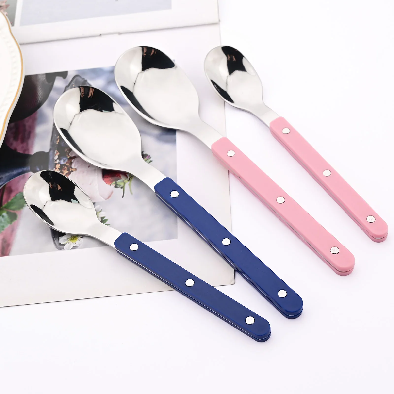 5Pcs Acrylic Handle Teaspoon Cutlery Set Stainless Steels Tableware Western Colorful Silver Dinnerware Home Kitchen Flatware Set