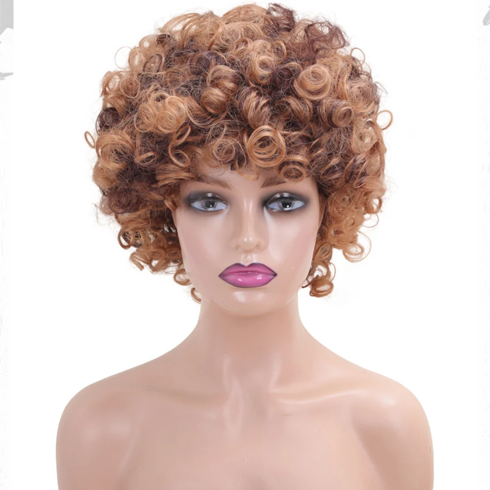 Double tone small curly wig, synthetic high-temperature silk wig full head cover, fashionable women's short curly hair,
