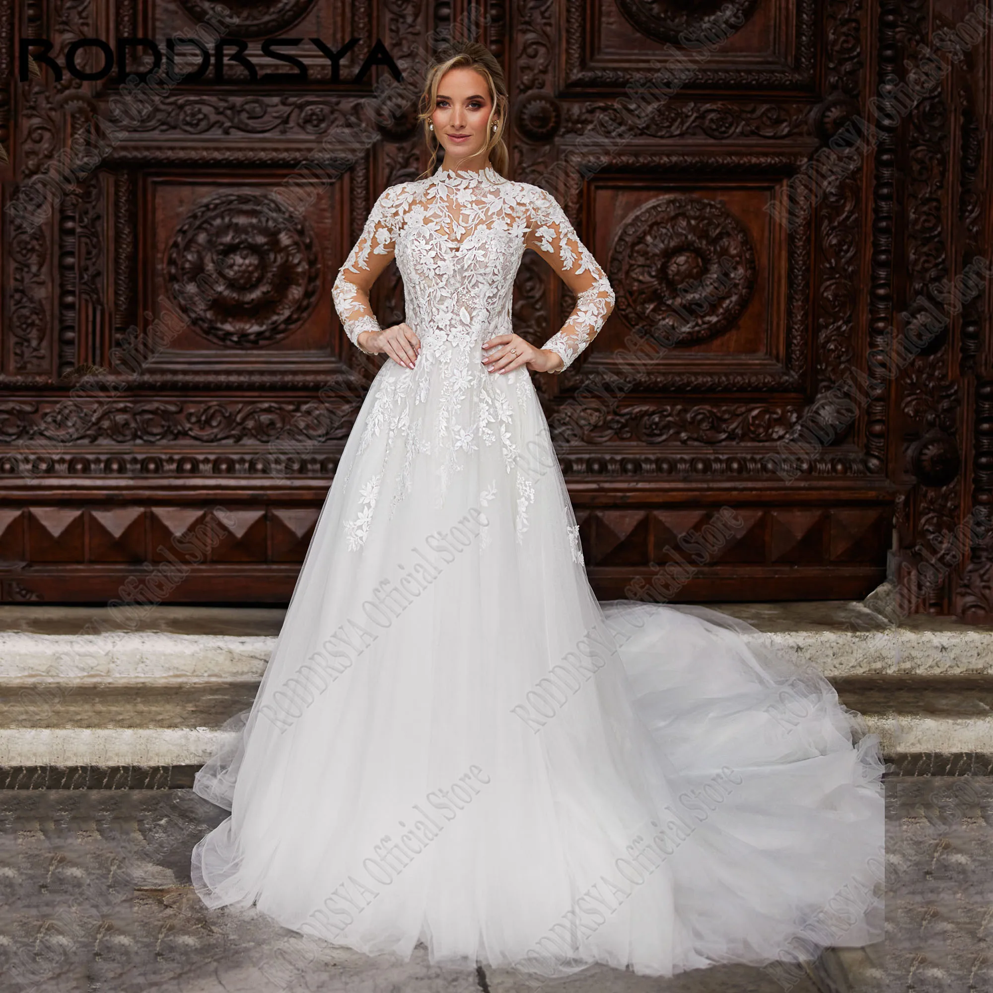 Roddrsya elegantes O-Ausschnitt Brautkleid lange Ärmel Illusion zurück Brautkleider maßge schneiderte übergrößen-hochzeit schlid Applikation SpitzeRODDRSYA Elegante O-Ausschnitt Brautkleid Lange Ärmel Illusion Rücken B