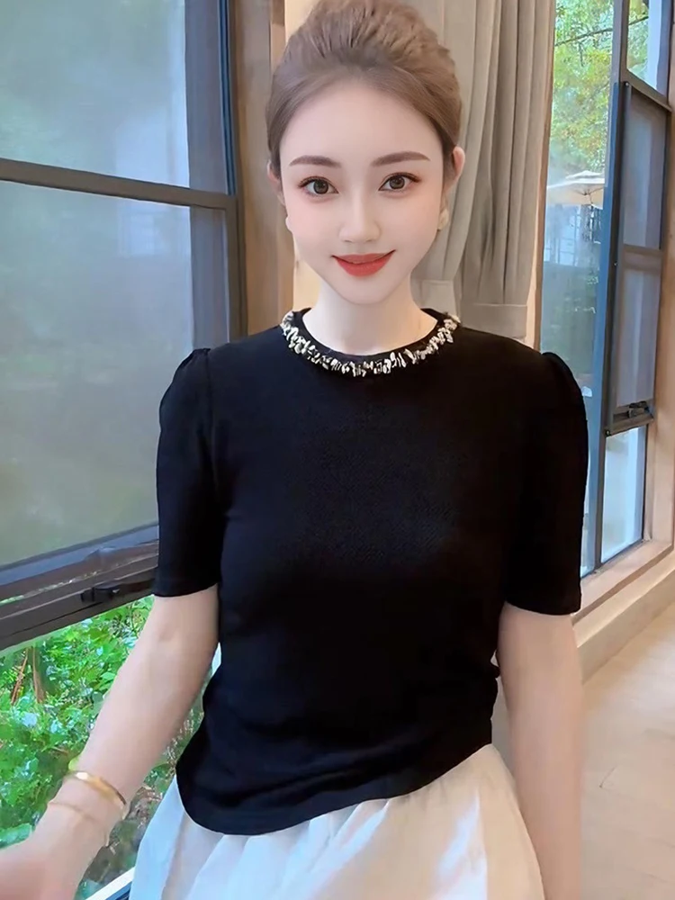 

Летний вязаный топ с коротким рукавом и круглым вырезом, с богатой отделкой, универсальный базовый слой, модный, роскошный, повседневный, для поездок на работу.