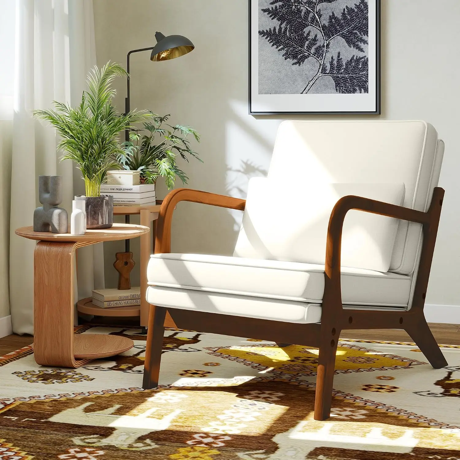 Mid-Century Chenille Armchair with Lumbar Pillow, Solid Wood Frame, 260LBS Support, Living Room & Bedroom Accent, Customized