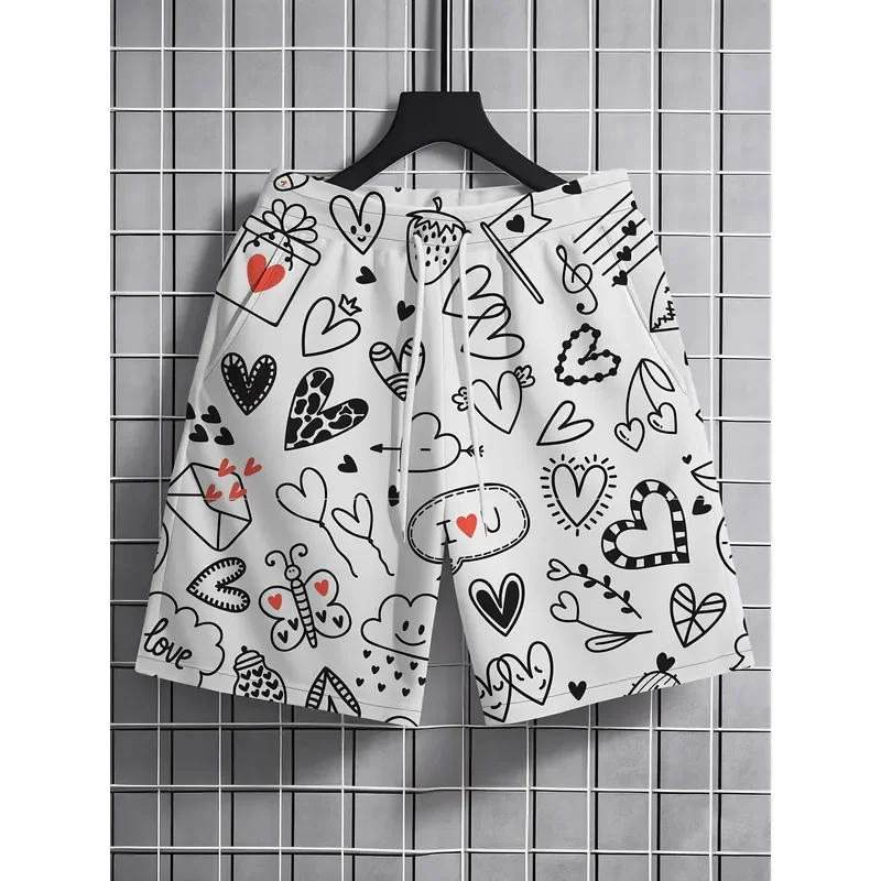 Men Casual Summer Shorts Black White Love Print Lightweight Beach Outdoor Wear Machine Washable for Teens Adults Everyday