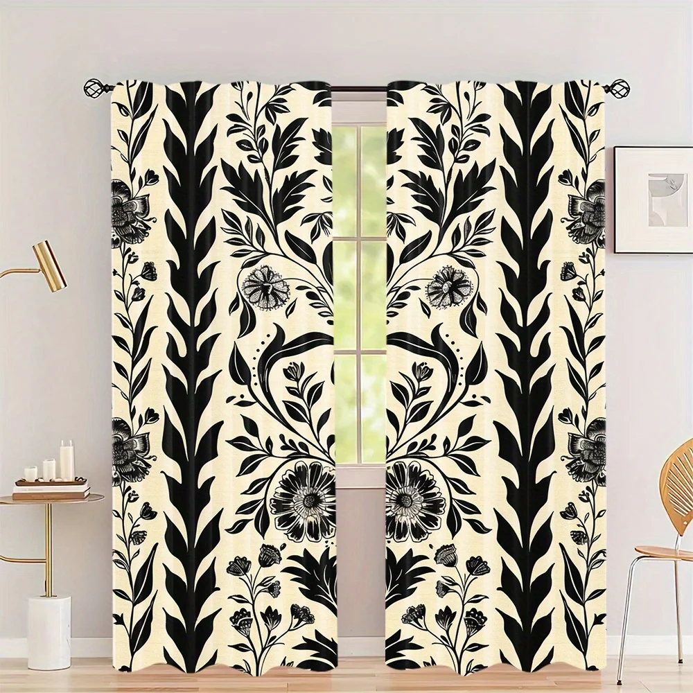 Elegant Black and White Botanical Floral Damask Printed Curtains Pair for Living Room Bedroom Window Home Decor Window Curtain