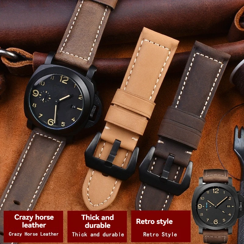 حزام من الجلد الطبيعي مصنوع يدويًا لبانيراي PAM 441/PAM 111/PAM 386, 20 مللي متر 22 مللي متر 24 مللي متر 26 مللي متر استبدال حزام ساعة رجالي فاخر