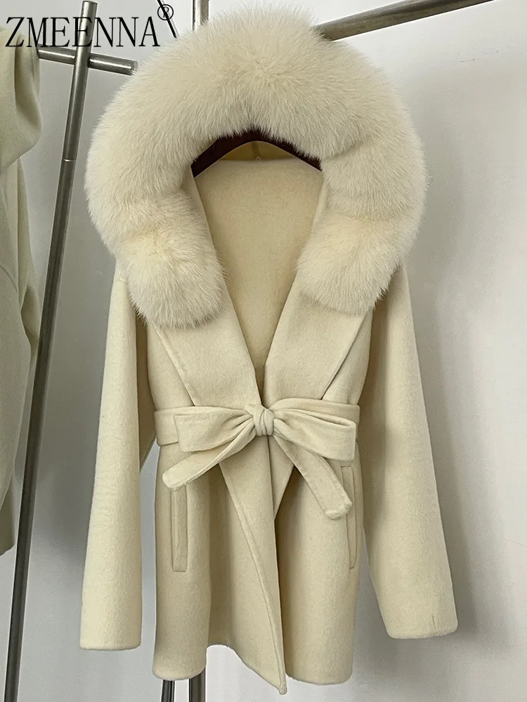 

ZMEENNA Warm Beige Wool Blend Coat For Women With Faux Fur Collar Elegant Tie-Waist Winter Outerwear Luxurious Stylish ZM3402