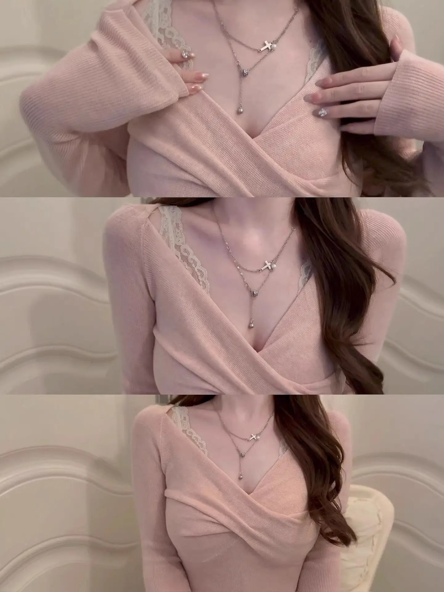 

Slim Fit Long Sleeve V-Neck Knitted Base Shirt Women's Autumn Winter Fashionable Inner Wear Pink Color Commute Style Soft Mat...