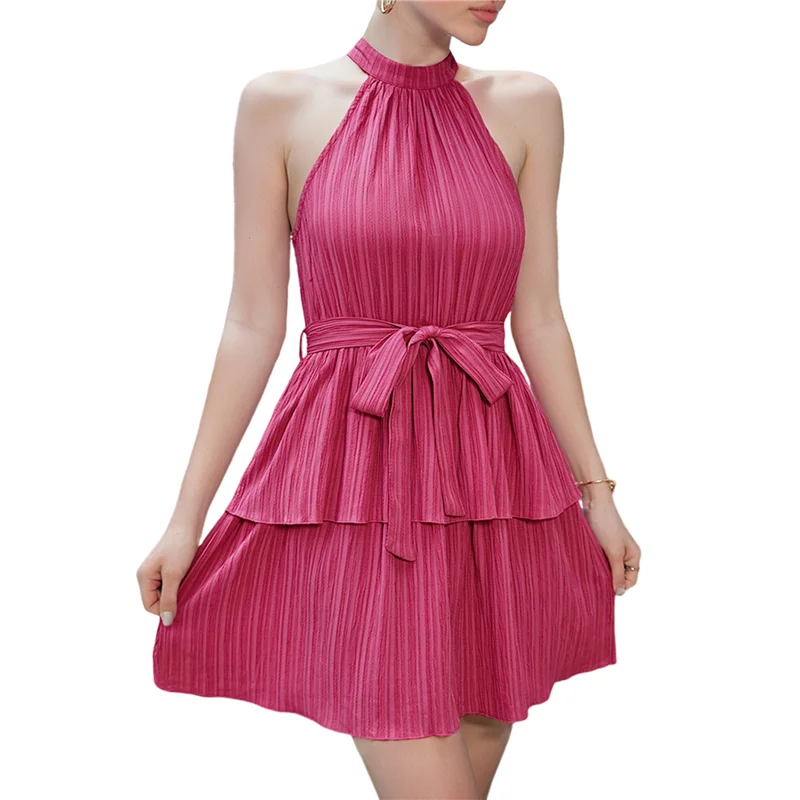 Asds-vestidos femininos de verão 2025, halter, sem mangas, babado, em camadas, chiffon, plissado, linha, mini vestido de balanço