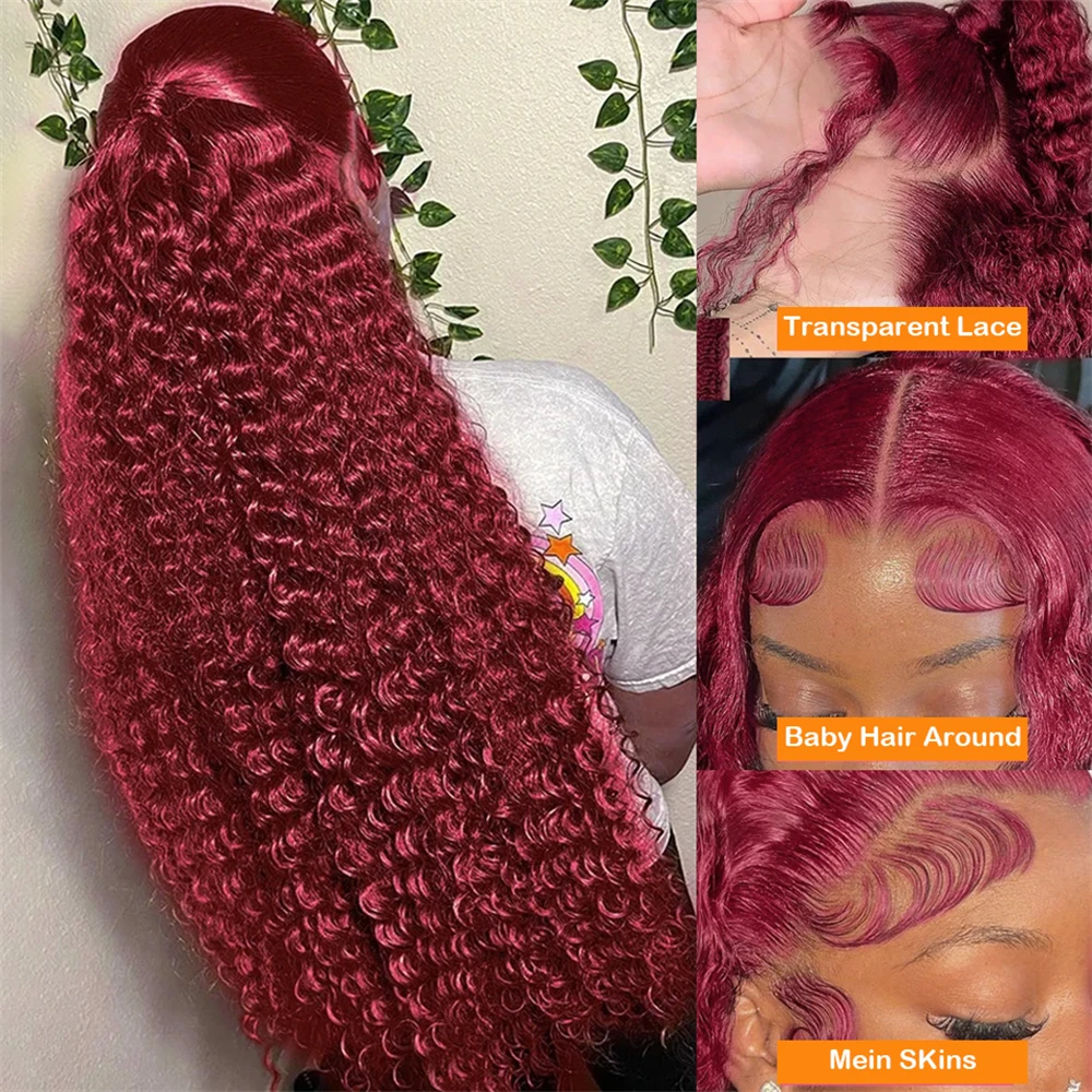99J Burgundy 13x6 Hd Lace Frontal Human Hair Wig 30inch Red Colored Curly Wigs 13x4 Transparent Lace Water Deep Wave Frontal Wig image 2