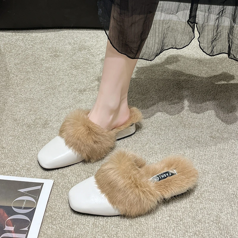 Aphixta Winter Gingham Upper Long Real Rabbit Fur Plush Women Slippers Nature Warm Furry Shoes Square Toe Flat Heel Hair Slides