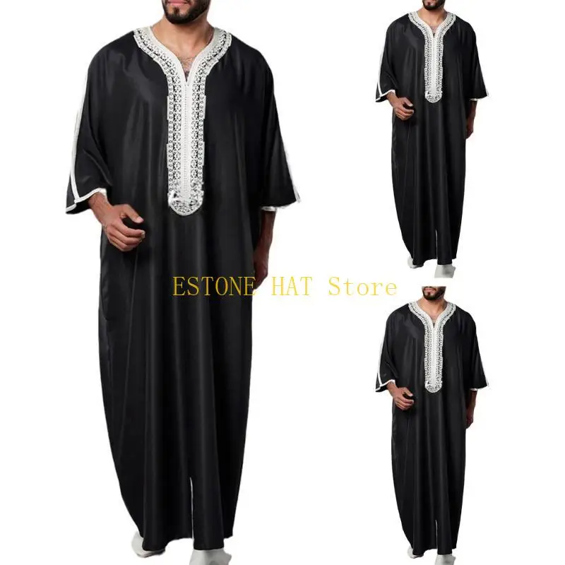 49MF Uomo Ricamo Manica Lunga Sauditi Arabi Thobe Islamici Musulmani Dubai Robe Kaftani