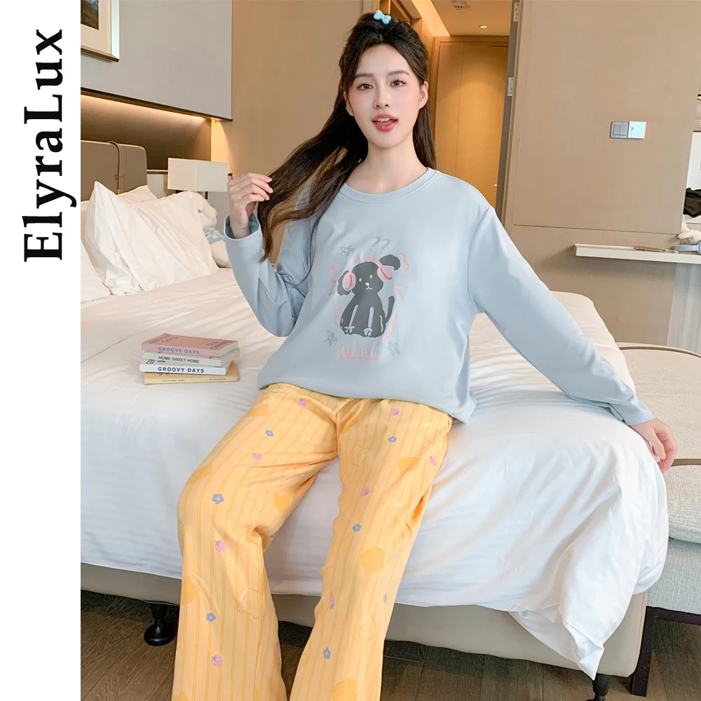 

ElyraLux, 2 шт./компл., женская свободная дышащая студенческая одежда для сна с длинными рукавами, домашняя одежда, синяя модная пижама для девочек, домашняя одежда, женская