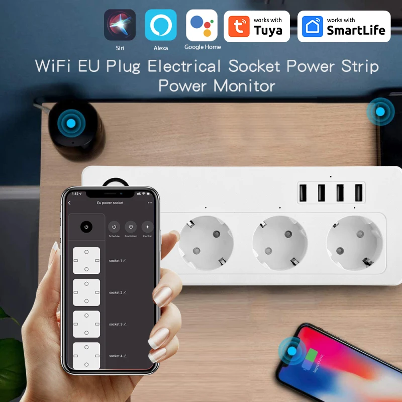 Tuya Wifi Smart Power Strip Plug 4 EU Socket Outlets With 4 USB Port Timing Voice Control Works With Alexa Assistant