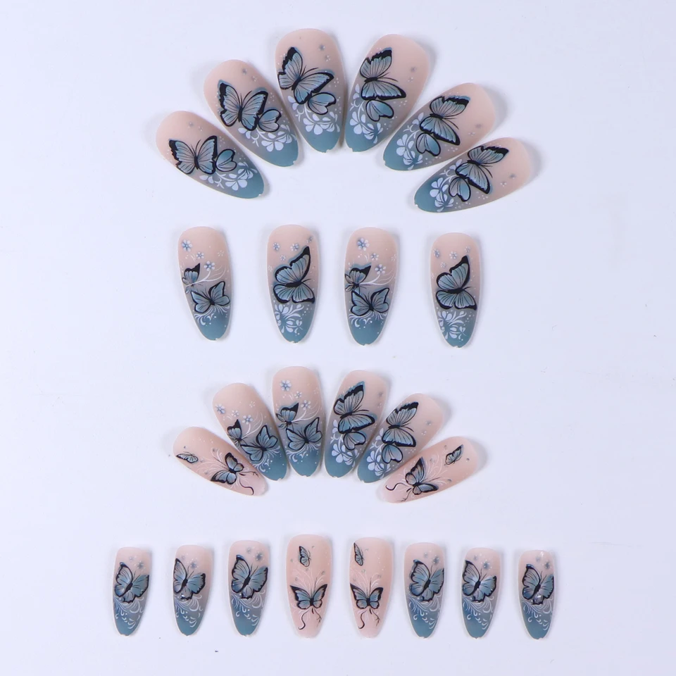24 uñas postizas azules en forma de ballet, con mariposas y flores azules, delicadas y elegantes 2