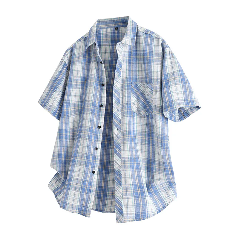 

Korean Style Summer Men's Lapel Plaid Short Sleeve Shirt-Breathable & Casual Youth Shirts in Blue Green Red Black for Men