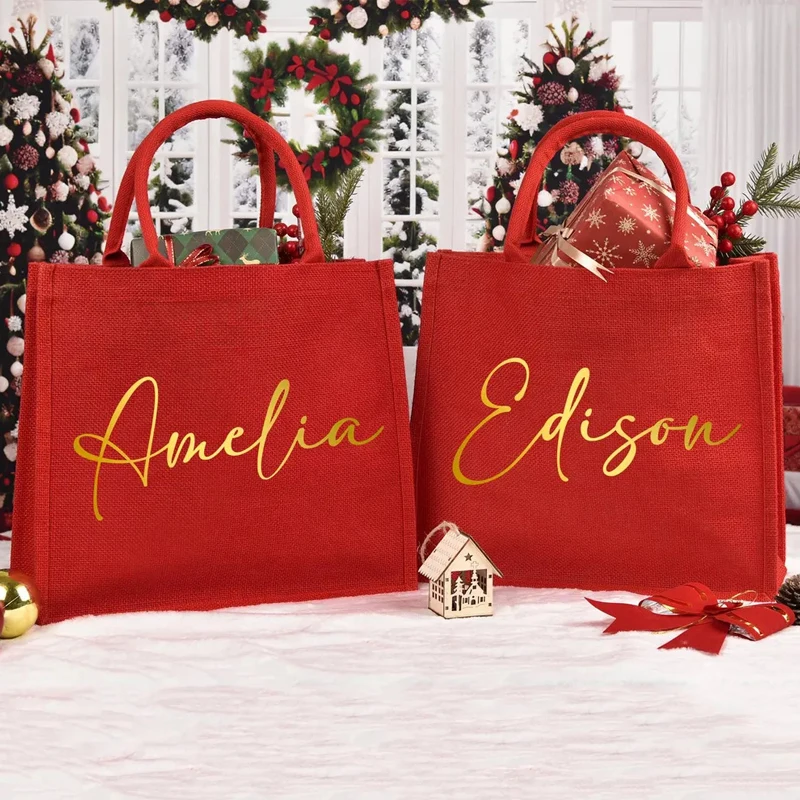 

Personalized Christmas Gift Bags Custom Bridesmaid Wedding Red Large Burlap Christmas Eve Holiday Party Gift Tote Bags Sacks