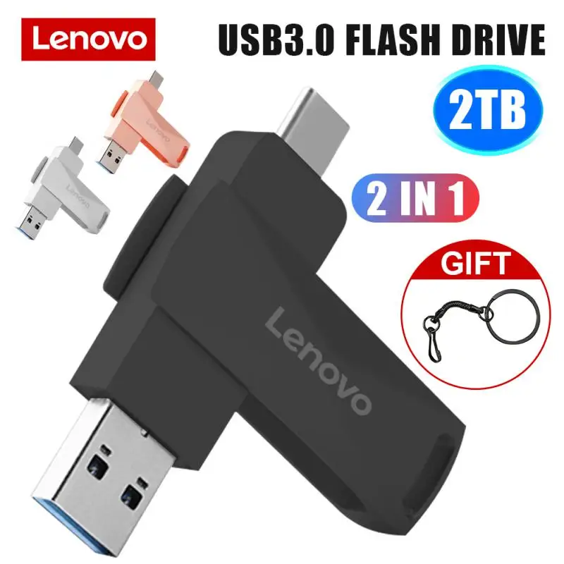 Lenovo-Type C USB Flash Drive, Disco de Memória, Pendrive, Disco de Memória, Chaveiro Livre para PC, OTG, 2 em 1, 128GB, 1TB, 2TB