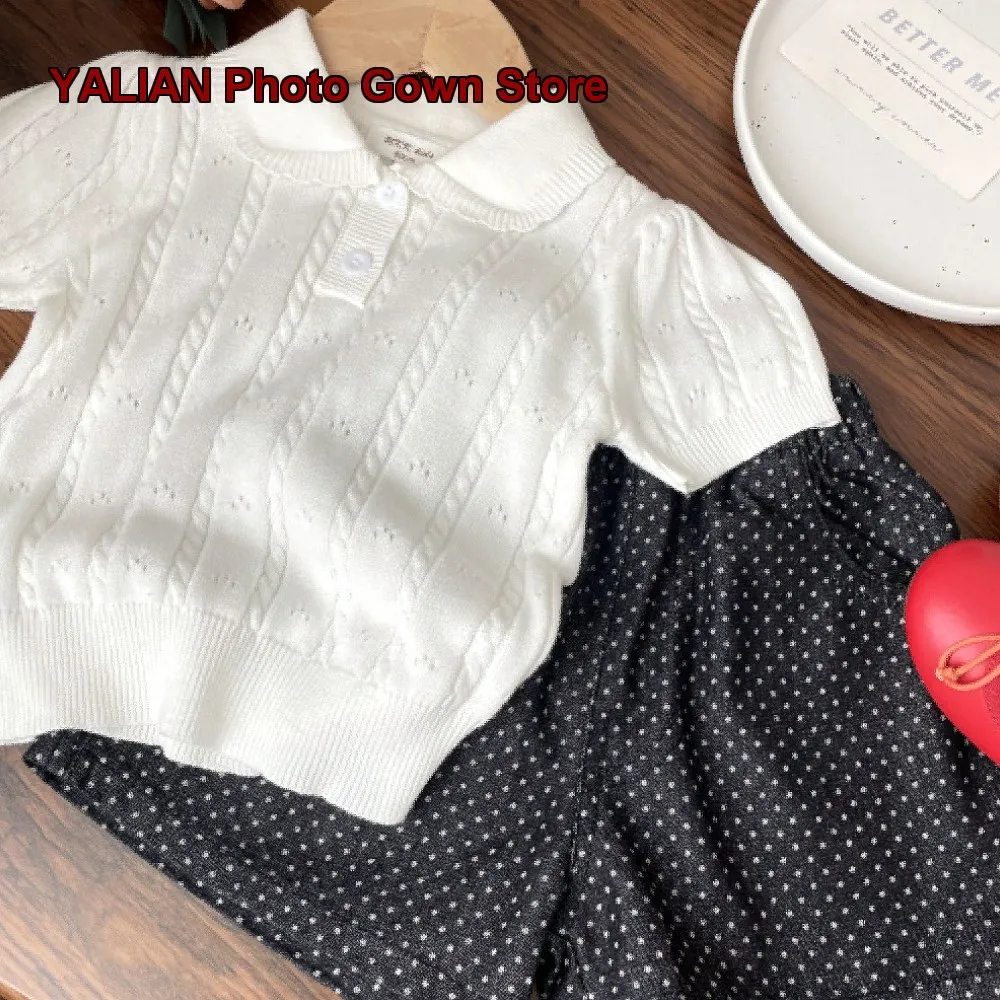 Girls Doll Collar Cable Knit Short Sleeve T-Shirt Pure Cotton Miu Style Hollow Out Kids Short Sleeves Spring Summer