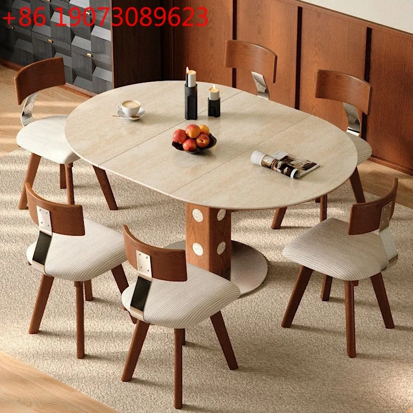 

Solid wood walnut travertine rock slab dining table folding telescopic square circle dual-purpose Berg round rice table