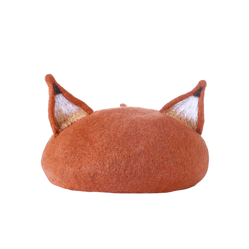 New Retro Women\'s Cute Fox Ear Woolen Beret Caps Real Wool Casual Warm Painter Hat Handmade Nick Cat Ear Beret Hat Hot Gift RH