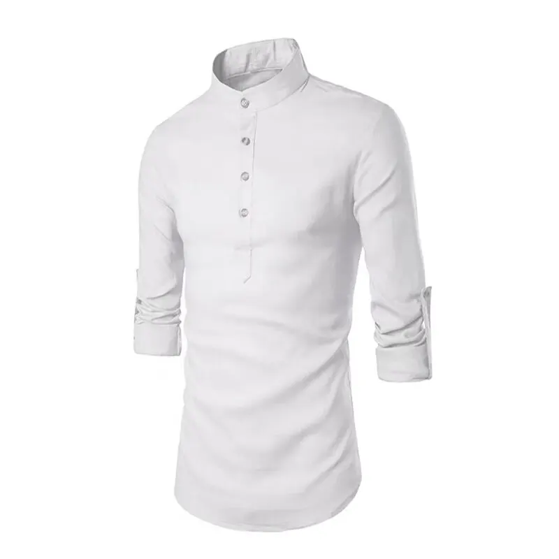 Men\'s Casual Stand Up Collar, Solid Color Long Sleeve Linen Shirt, Trendy Breathable Loose Youth Model