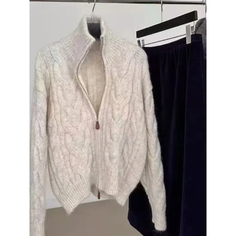 Korean Double Zipper Solid Color Fried Dough Twists Turtleneck Women Retro Sweater Autumn Winter New Casual Knitted Cardigan 10