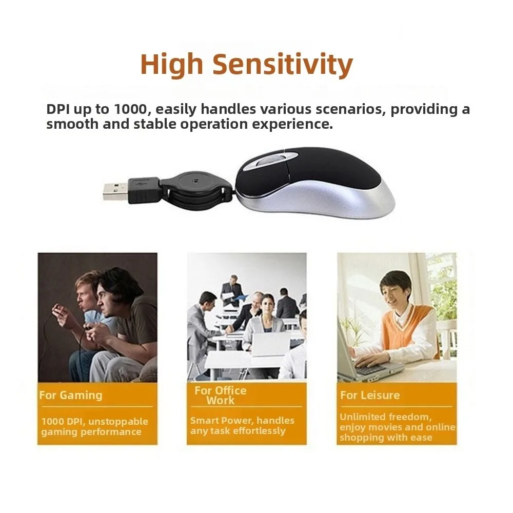 Retractable Cable USB Wired Mouse Lightweight Portable mini Retractable Mouse Ergonomic Shape Plug-and-Play Computer Mice