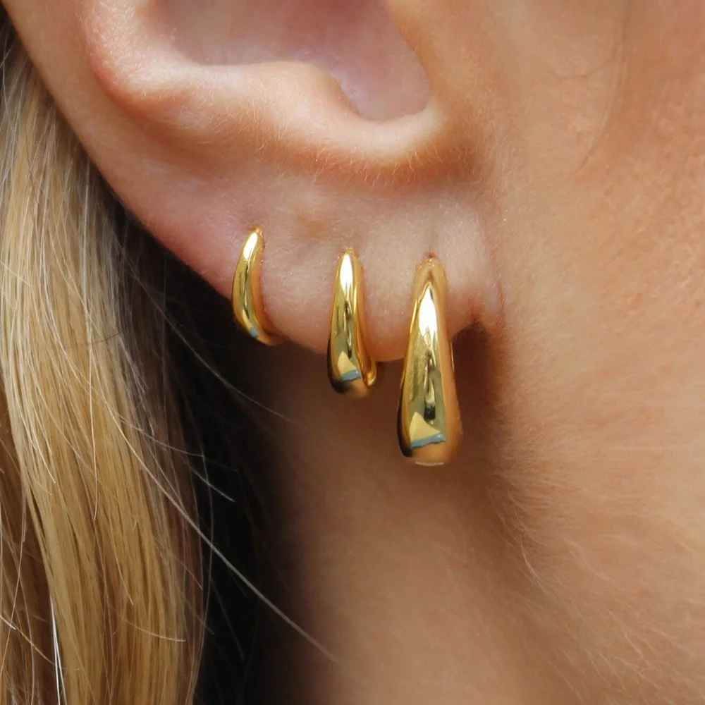 3PCS Neue Mode 14K Gold Überzogene Glatte Wasser-Tropfen Metall Creolen Set Für Frauen Schmuck Mädchen der täglichen Tragen Ohrringe