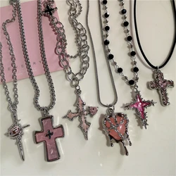 Gothic Pink Cross Heart Pendant Choker Necklace For Women Egirl Hip Hop Rope Chain Punk Y2K Charms Aesthetic Jewelry Accessories