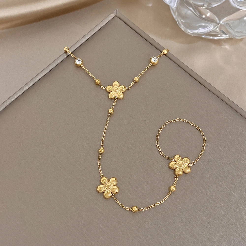 AENSOA Damen Edelstahl Minimalistischer Blumenstil Handrücken-Kette Finger Zierlicher Zirkon Ring Armband Geburtstagsgeschenk – Detail 7