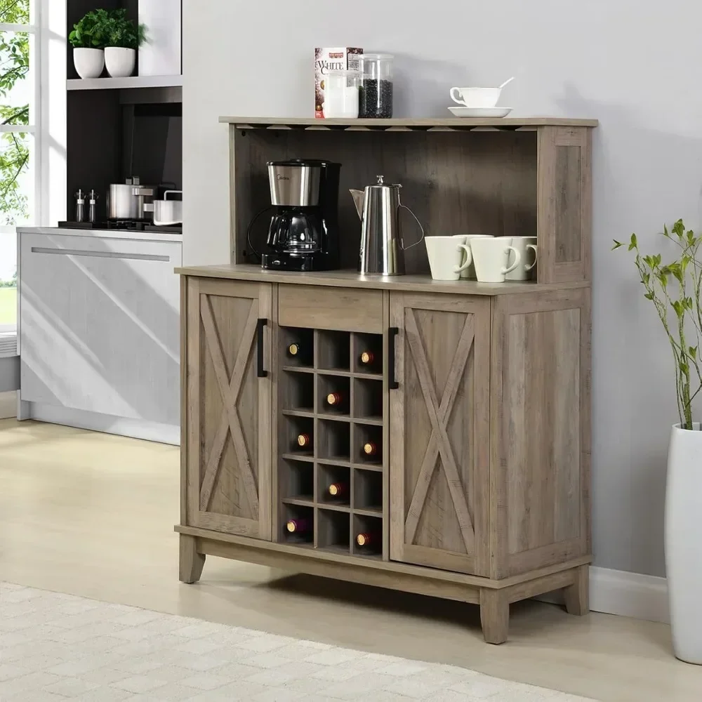 Bar Cabinet With Wine Rack And Glass Doors (Grey Wash- Solid)|